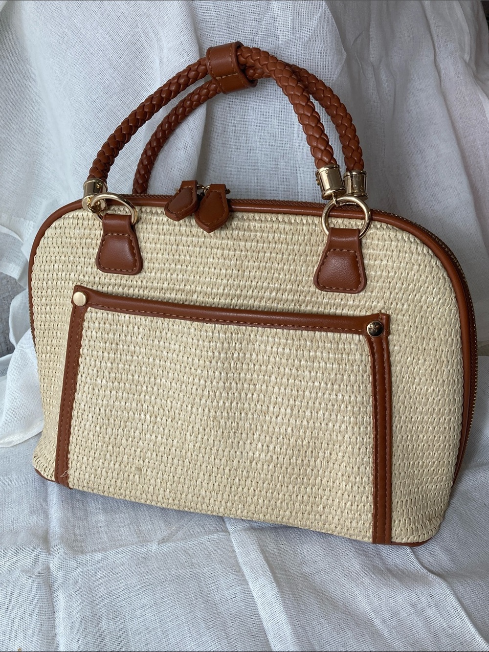 Woven Straw Satchel with Brown Trim - Women's Handbag